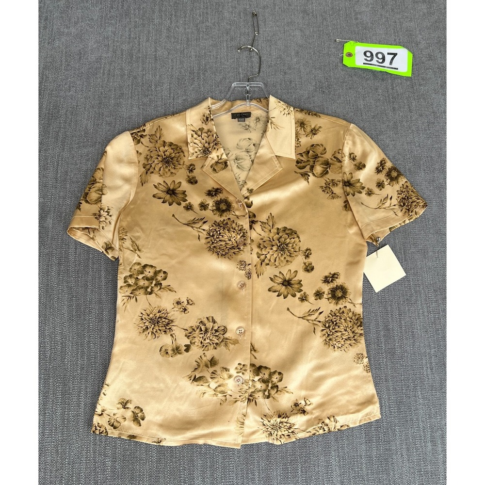 Calvin Klein Shirt Top Womens 4 Gold Floral Satin Finish Short Sleeve Button Up